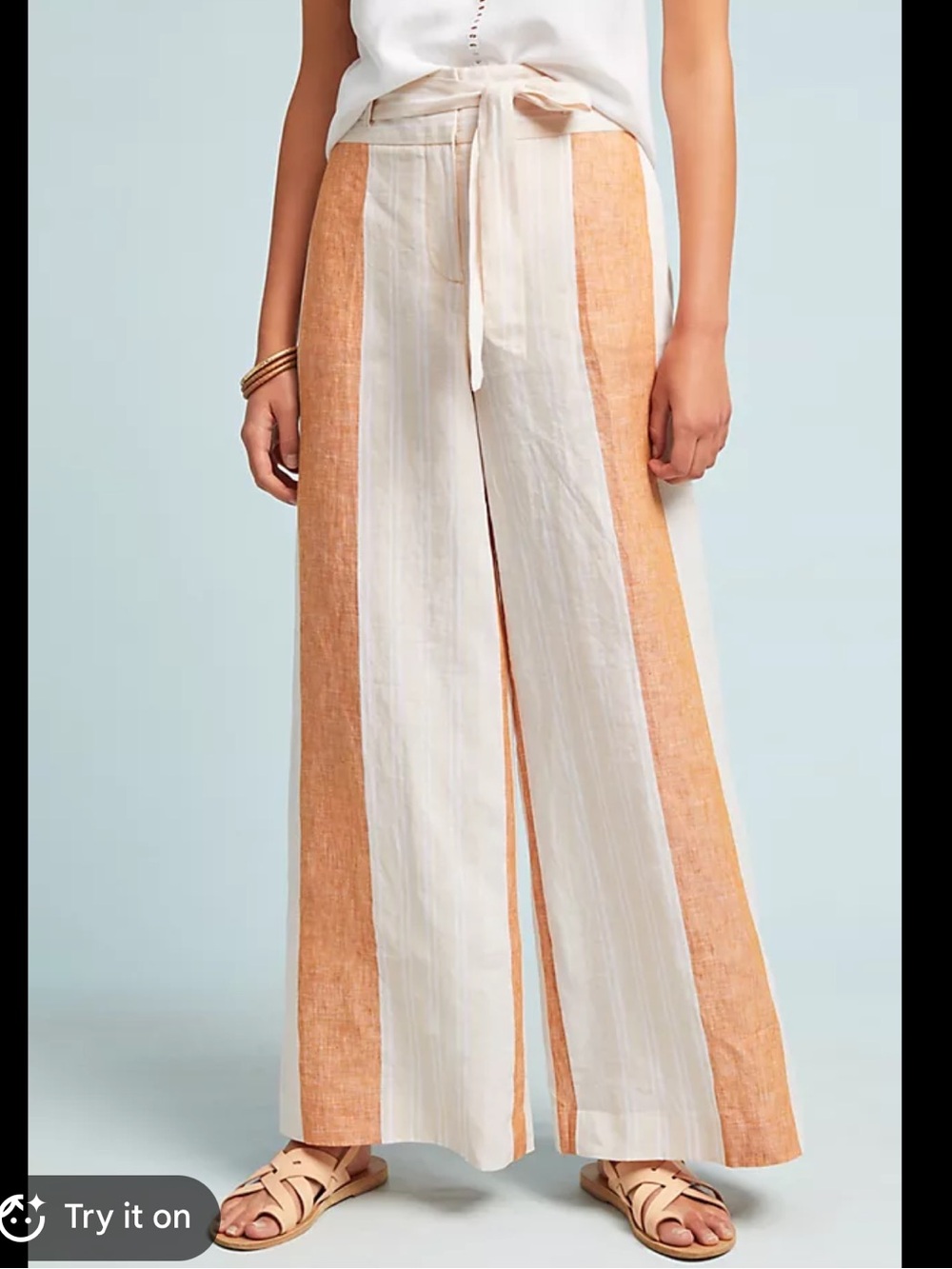 Anthropologie Peach and White Wide-Leg Linen Blend Pants